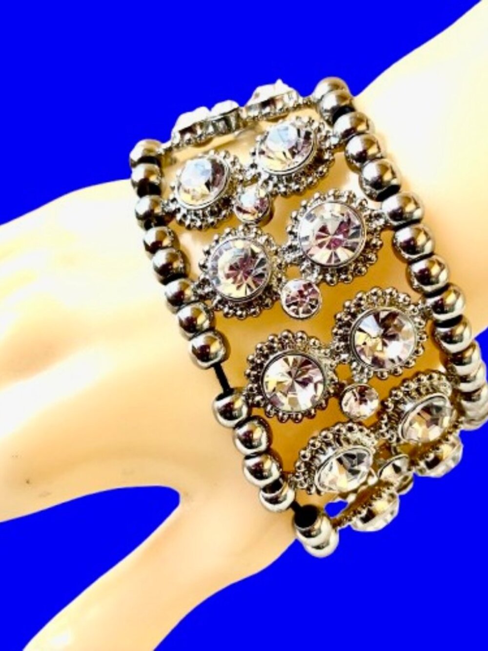 ALDO Vintage Rhinestone Stretch Cuff Bracelet Silvertone Bling Boho Goth Large